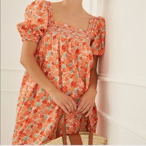 Something Navy Orange Floral Puff Sleeve Smocked Mini Dress